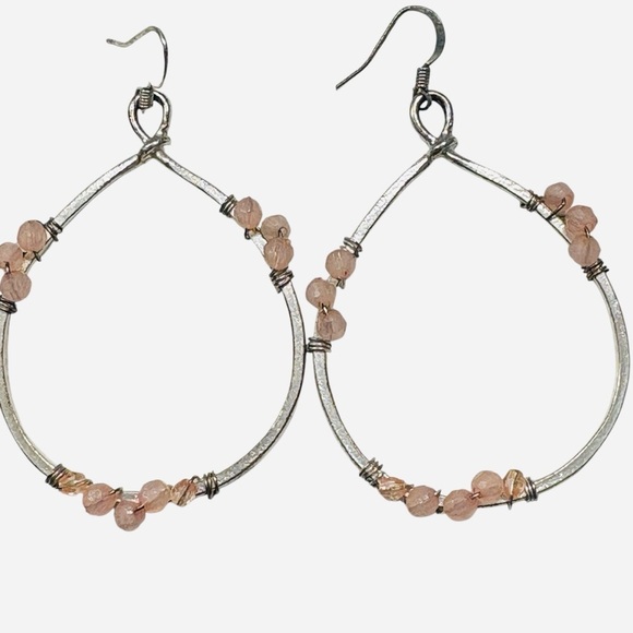 None Jewelry - Silver Tone Pink Beaded Hoop Earrings